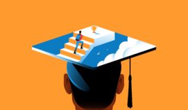 Student wearing a graduation cap with a symbolic image of a man going to the cup. Education, goal, success concept. Vector illustration.