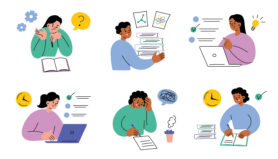 Vector illustrations of students taking tests on computers and writing exams in classrooms. Education compositions, study concept, flat cartoon characters in academic assessments, doodle icons for school, college, and university themes