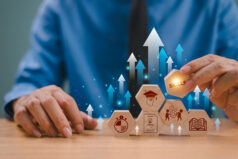 Skill development concept. Up new ability skill training for technology evolution. Leadership thinking upskill competency. Hand hold wooden cube, soft skill digital icon. Education learning talent