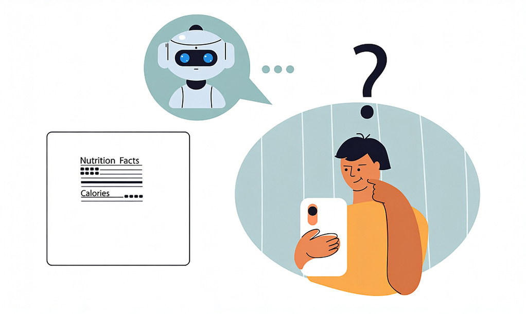 Vector image of person questioning AI chatbot with additional photo of nutrition label. Concept of questioning AI outputs and promoting critical thinking.