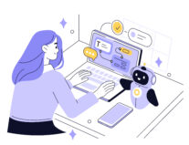 Teacher working working with generative AI model and chat bot. Artificial intelligence in education concept. Vector illustration.