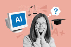 Creative trend 3D collage sketch of ai computer monitor young girl think graduate cap pupil technology knowledge virtual classroom study. Student learning with AI.