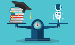 Scale balancing books with a graduation cap against an AI chatbot. Illustrating use of AI in higher education and need for balance.