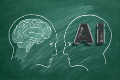 AI in Education. Human intelligence vs artificial intelligence. Face to face. Duel of views. Hand drawn illustration on a school blackboard.