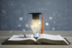 Graduation cap with a lightbulb on the book and icon learning in the classroom. Education learning concepts in school or university. Idea knowledge of innovative technology, science, and mathematics. Science of learning.
