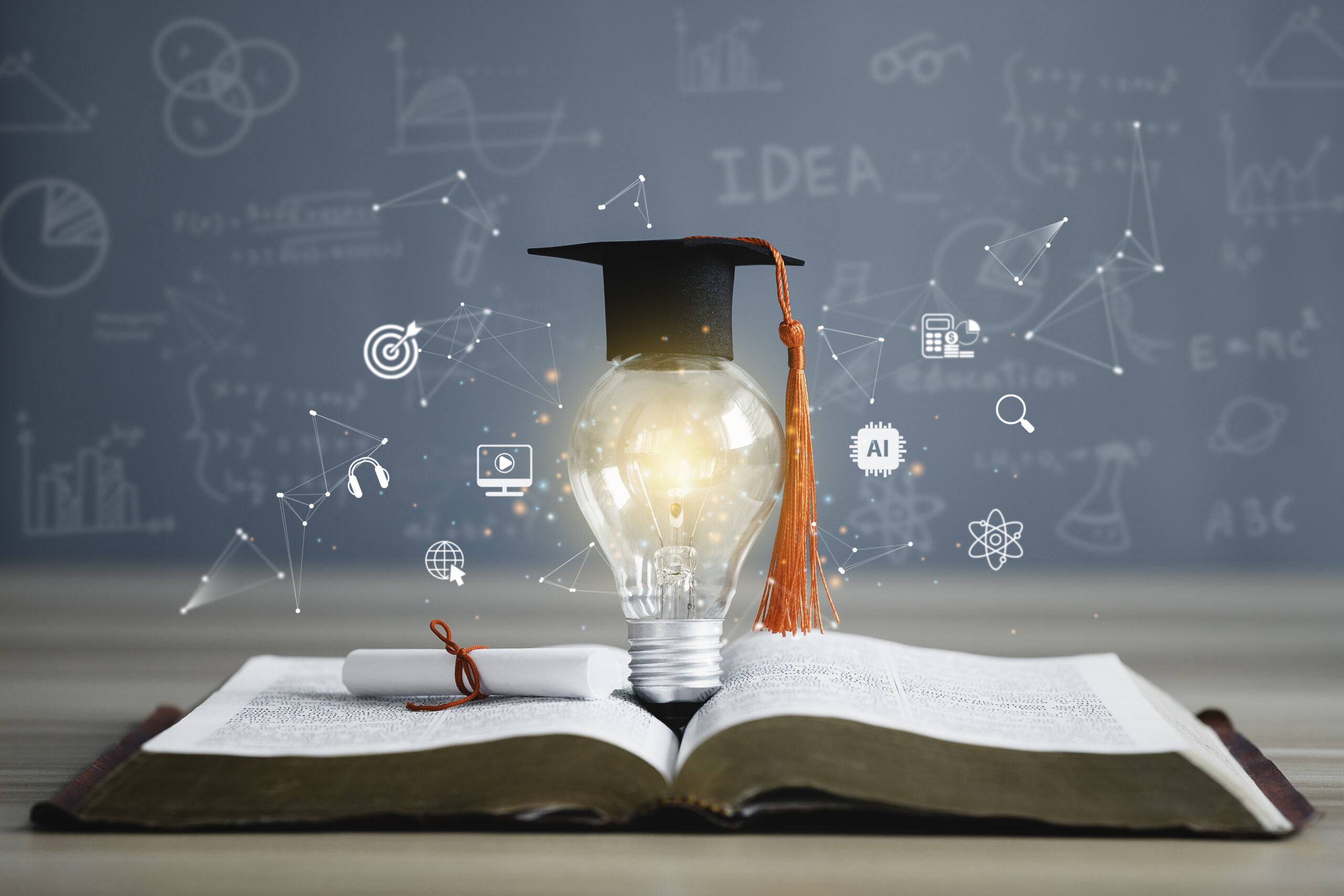 Graduation cap with a lightbulb on the book and icon learning in the classroom. Education learning concepts in school or university. Idea knowledge of innovative technology, science, and mathematics. Science of learning.